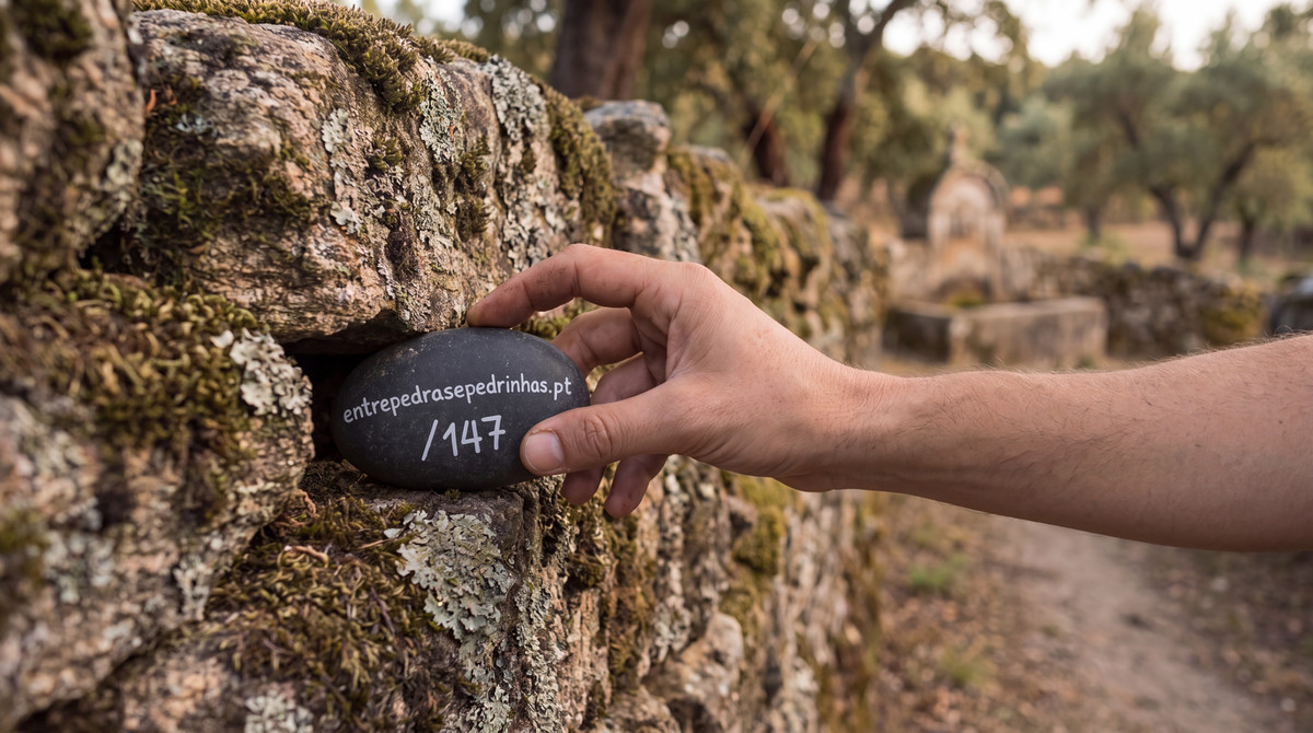 Uma mão a pousar a pedra pintada num muro de pedra seca com musgo, junto a um caminho de terra e a uma fonte antiga