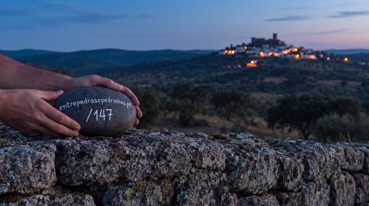 A pedra pintada sobre o muro ao anoitecer, com uma vila branca a acender as luzes no alto de um monte ao fundo